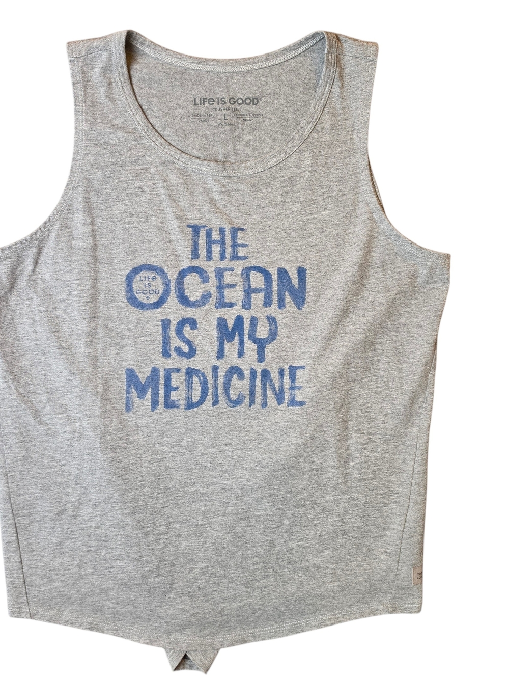 Life is Good Woman's Tank Top Large Gray 'The Ocean Is My Medicine' Graphic